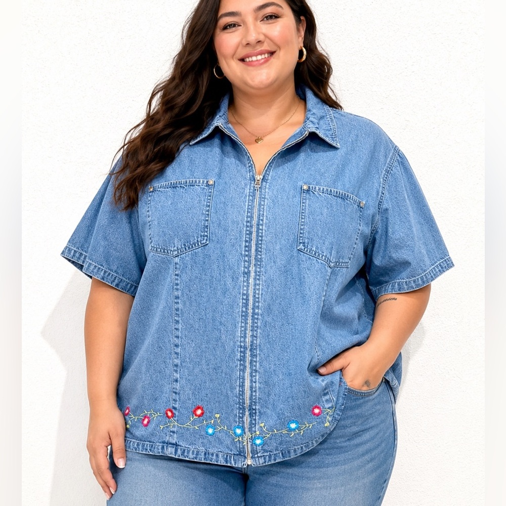 Denim & Co. 100% Cotton embroidered short sleeves denim Top 3X